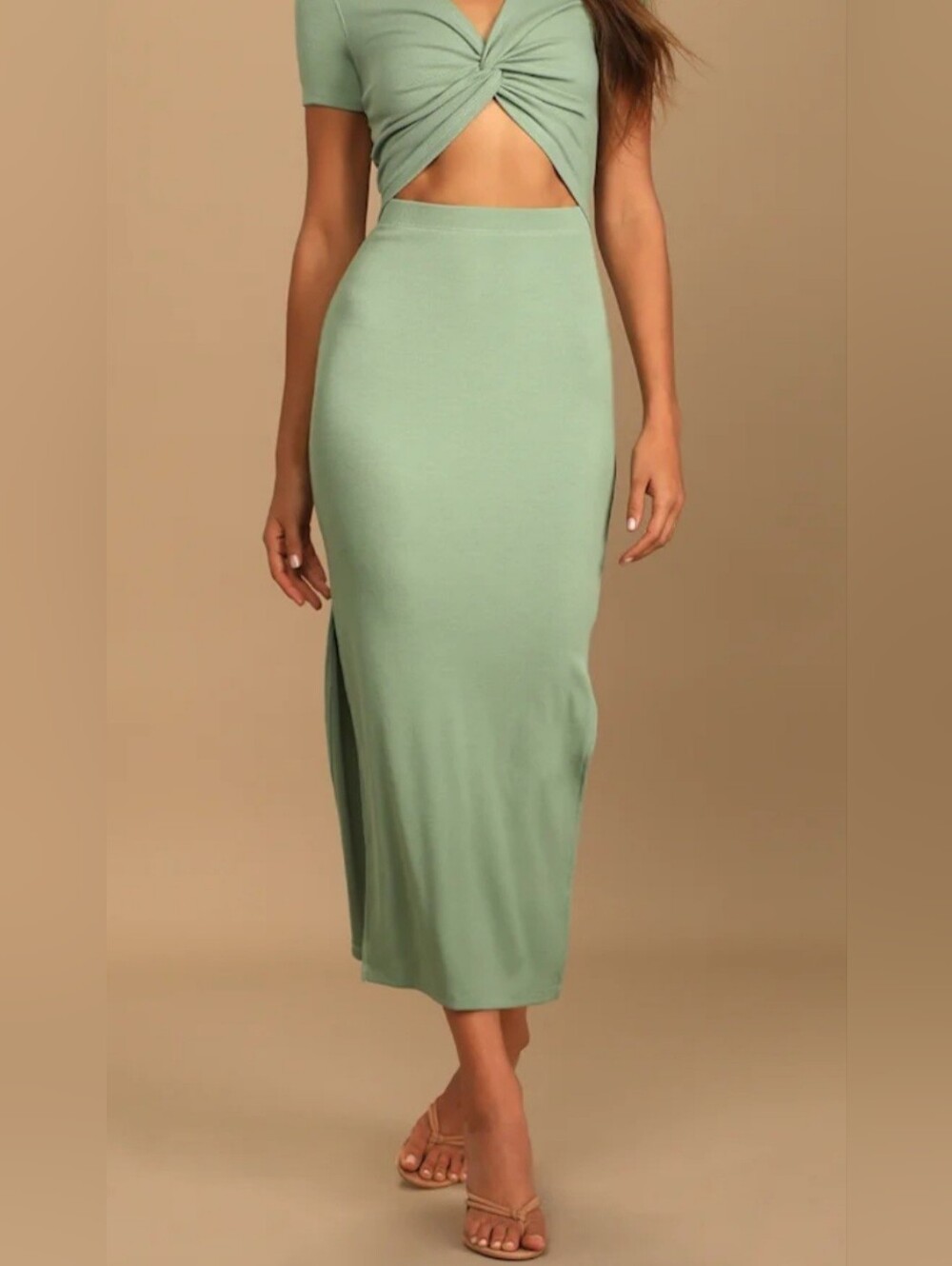 Lulu's Sage Green Twist-Front Midi Dress